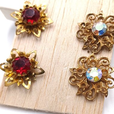 2 Pairs of Vintage Gold Tone and Rhinestones Screw Back Earrings Lot
