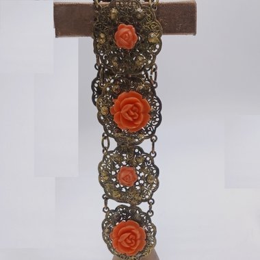 Vintage Gold Tone Panel Bracelet with Orange Celluloid Roses