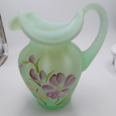 Fenton Green Burmese Hand Painted  Floral Glass Pitcher, Signed, Collectible Glass