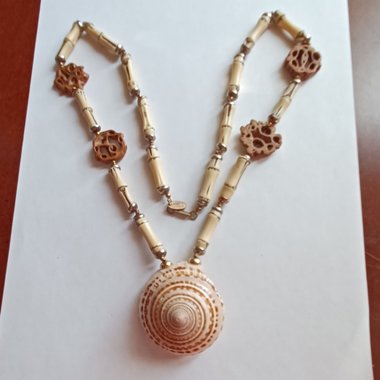 Vintage Signed Miriam Haskell Long Seashell and Bamboo and Wood Statement Necklace
