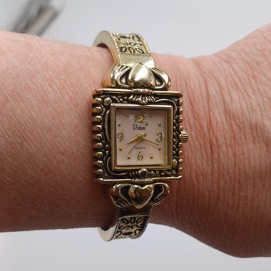 Vivani, Gold Tone Claddagh Ornate Ladies Quartz Clamper Wrist Watch