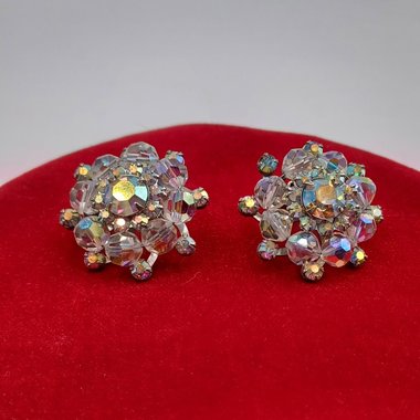 Beautiful WEISS Aurora Borealis Cluster Clip-On Earrings