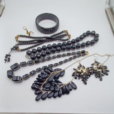 Collection of Vintage Black Costume Jewelry- 7 items, Jewelry Lot