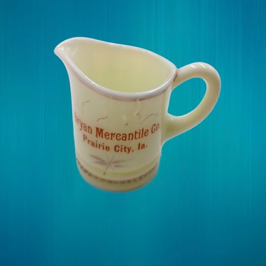 Vintage Uranium Custard Glass Souvenir Toothpick holder/Creamer, Bryan Mercantile Prairie City, Ia.
