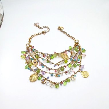 Flirty Gold Tone Multi-strand Baubles and Charms Statement Bib Necklace