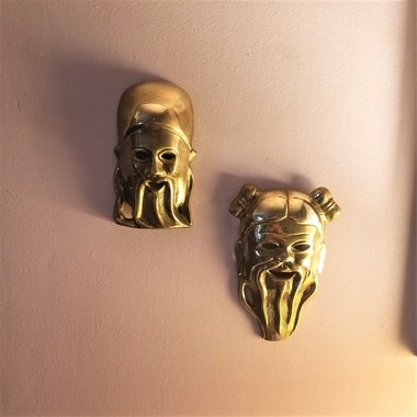Solid Brass Chinese Confucius Masks Set of 2 Wall Hangings, Vintage Asian Home Decor