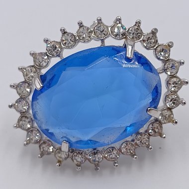 Vintage Rhinestone and Large Blue Glass Jewel Brooch/Pendant