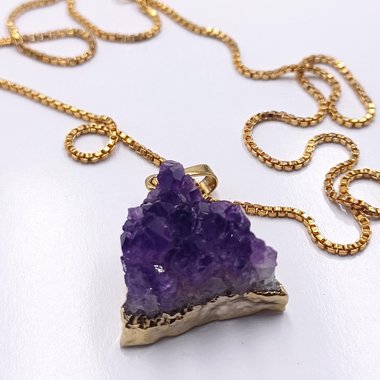 Gold Plated Purple Triangle Druzy Crystals Chunk Pendant and Gold Tone Box Chain Necklace