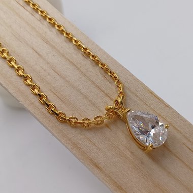 Huge Gold Plated Teardrop Cubic Zirconia Pendant  with a fancy Gold Plated Chain Necklace