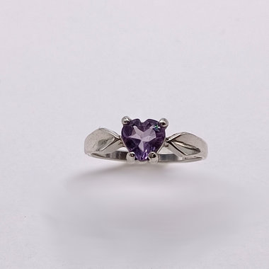 Sterling Silver and Amethyst Heart Shaped Solitaire Ring, Size 6