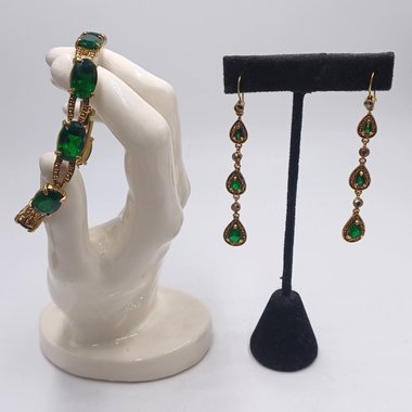 Monet Gold Tone and Dark Green Jewel Link Bracelet and Dangle Earrings Set