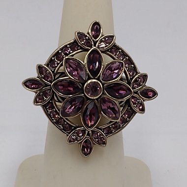 Designer Heidi Daus Bronze Table Top Amethyst Crystals and Small Pink Rhinestones Cocktail Statement Ring Size 6.25