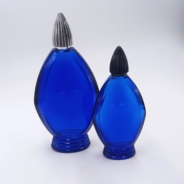 Two Bourjois Cobalt Blue Glass "Evening in Paris" Perfume Bottles with Lids, Vintage