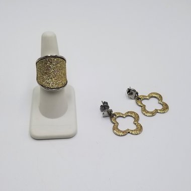 Milor Stainless Steel and Gold Glitter Ring and Dangling Earrings Set, Vintage,  Size 6.5
