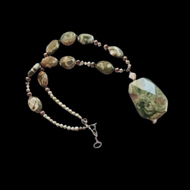 Gorgeous Rhyolite Natural Gemstone Pendant Beaded Necklace, Rainforest Jasper