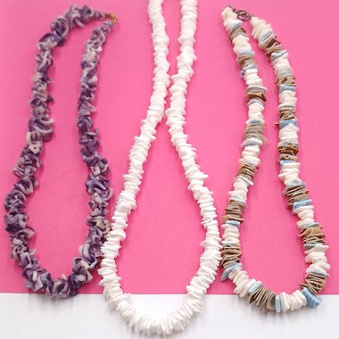 Set of 3 Tropical Seashells Beaded Necklaces, Vintage, Surfer Necklaces