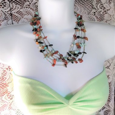 Native American Multi Strand Natural Gemstone Chip Southwestern Necklace, Vintage