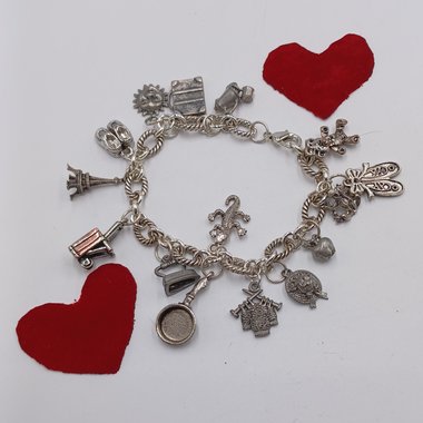 Vintage Silver Tone Random Charms Charm Bracelet, 15 Charms