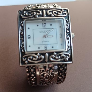 Studio Time Silver Tone Ornate Clamper Bracelet Wrist Watch, New Battery
