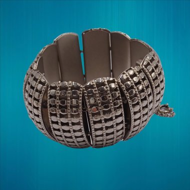 Chunky Silver Tone Panel Bracelet with Safety Chain