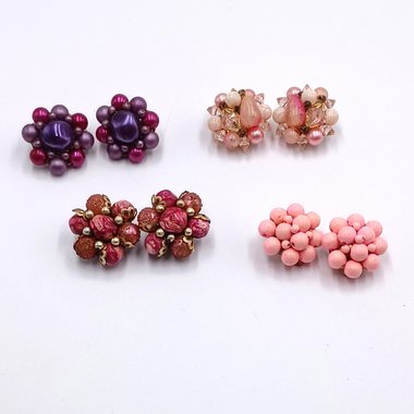 4 Pairs of Vintage Japan Pink and Purple Color Costume Jewelry Clip-on Earrings Lot, 1950's Earrings