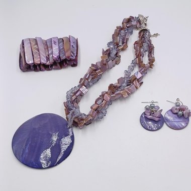 Purple Mother of Pearl Statement Necklace, Bracelet and Dangle Earrings Jewelry Set
