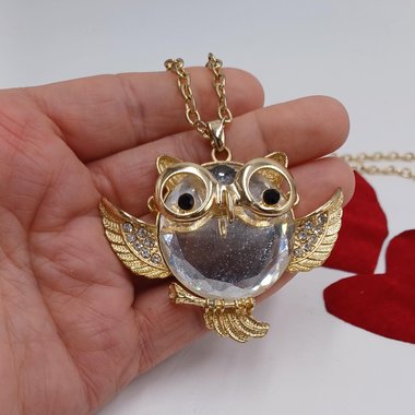 Gold Tone Large Fun Owl Mirror Pendant Necklace