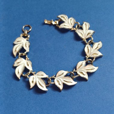 Vintage Coro Gold Tone Beige Enamel Leaf Motif Panel Bracelet, Gift for Her, Springtime Bracelet
