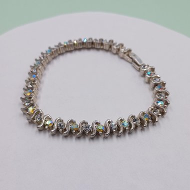 Mid Century Aurora Borealis Rhinestones Silver Tone Tennis Bracelet