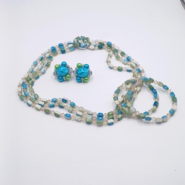 Mid Century Crystal, Teal and Neon Green Jewelry Set, Necklace Bracelets and Earrings