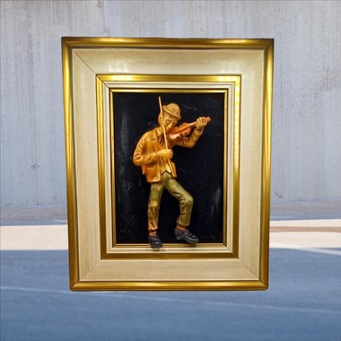 Vintage German Carved Wooden Fiddler in Frame, Home Decor, Unique Item, Vintage Art