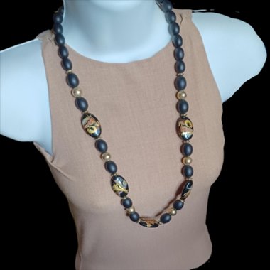 Asian Hand Painted Black Beads Long Necklace
