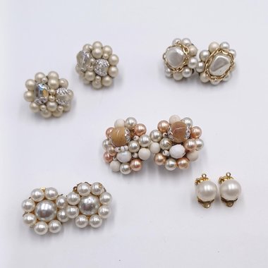 5 Pairs of Vintage Japan Pearly  Color Costume Jewelry Clip-on Earrings Lot, 1950's Earrings