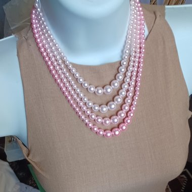Vintage 1950's 4 Strand Powder Pink Faux Pearls Beaded Choker Necklace