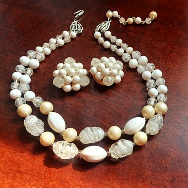Vintage Matte White and Glass Beaded Multi Strand Choker Necklace and Clip-on Earrings Set