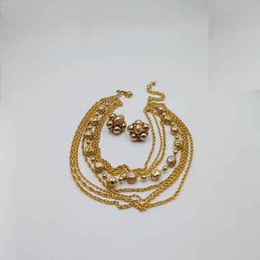 Mid Century Gold Tone Multi-strand Necklace and Clip-on Earrings Jewelry Set