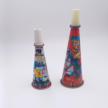Pair of  1950's Tin Toy Litho Noise Maker Birthday Party Horns