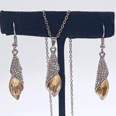 Silver Tone Large Champagne Navette and Pave Rhinestones Pendant, Chain and Matching Dangle Earrings