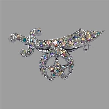 Shriner Masonic Scimitar Crescent & Star Over 30 AB Rhinestones Silver Tone Pin