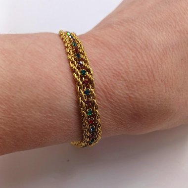 Vintage Gold Tone  Rope Chain and Multicolor Rhinestones Bracelet