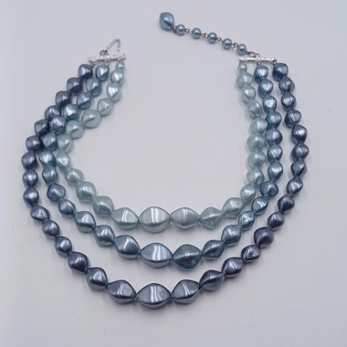 Vintage 1950's Multi-strand Metallic 3 Shades of Blue Beaded Choker Necklace