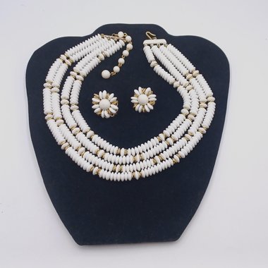 Japan White Glass Disks with Gold Details Multi-Strand Necklace and Earrings Jewelry Set