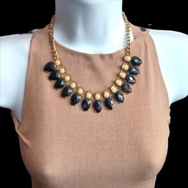 Gold Tone with Faceted Black and Yellow Cabochons Statement Necklace