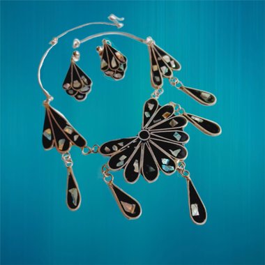 Mexican Alpaca and Abalone Inlay Necklace and Earrings Jewelry Set