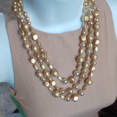 Vintage Three Strand Gold Tone Mid Century Beaded Necklace, Japan