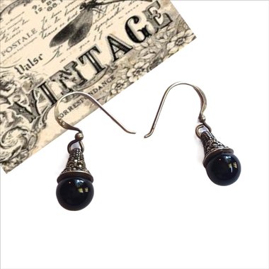 Art Deco Sterling Silver, Black Onyx and Marcasite Dangle Drop Pierced Earrings
