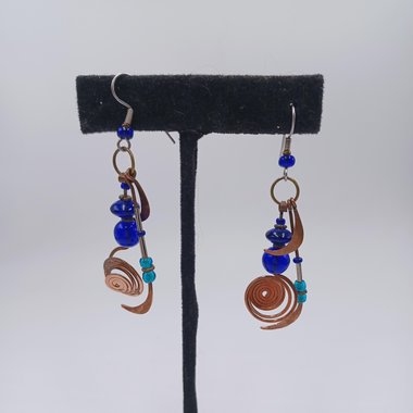 Stunning Artisan Copper and Cobalt Blue Glass Geometric Dangle and Drop Pierced Earrings