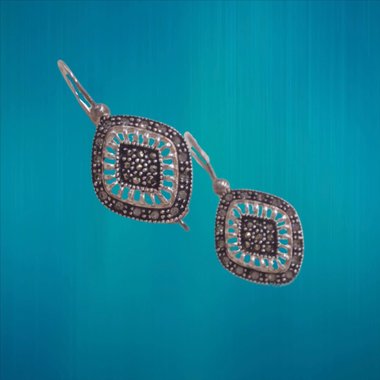 Nevada Silver Mine Sterling Silver and Marcasite Diamond Shape Open Work Ladies Pierced Dangle Earrings