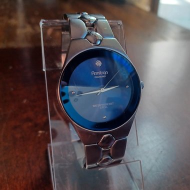 Armitron Diamond Mens Blue Face Link Bracelet Quartz Watch, New Battery