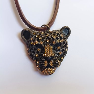 Vintage Large Leopard Face Rhinestones Pendant on a Leather Cord Necklace